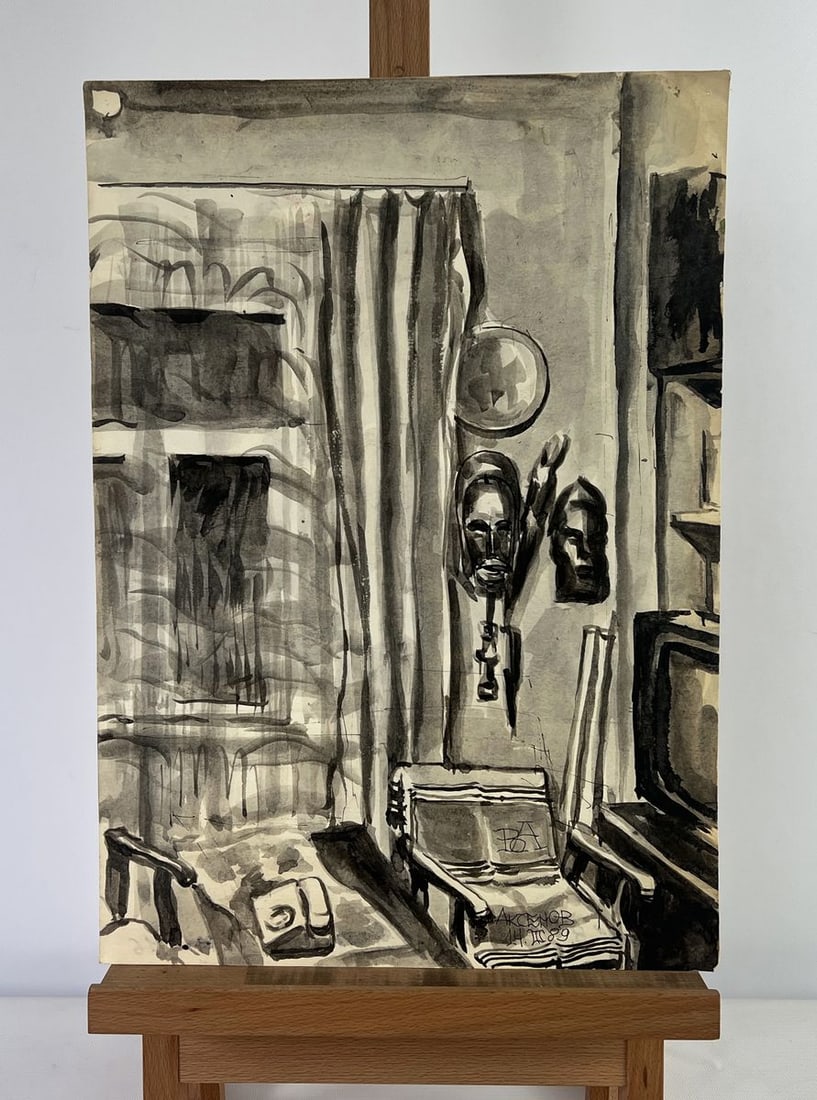 Watercolor painting Apartment in the shadow of a mask Vadim Aksenov: NoAAA5169The Watercolor painting on Cardboard titled "Apartment in the Shadow of a Mask" is, in fact, a watercolor work rendered in nuanced grayscale tones, but it carries the emotional depth and