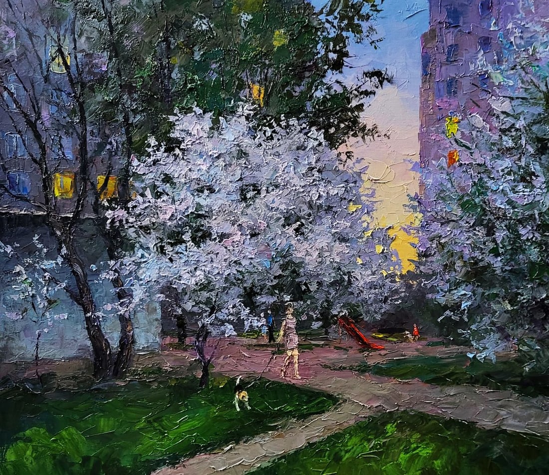 Oil painting Evening courtyard in the city Boris Serdyuk: NoSERB 1228The Oil painting Canvas titled "Evening courtyard in the city" captures a delicate and nostalgic scene where the vibrancy of nature intertwines with the quiet pulse of urban life. At first 
