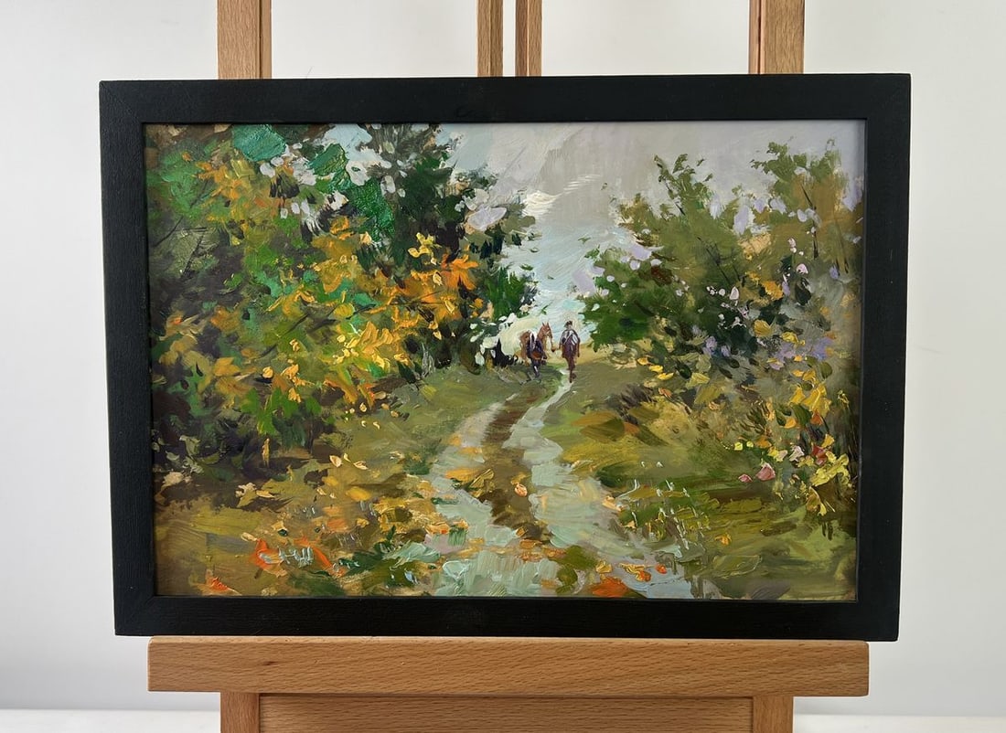 Oil painting A path through the silence of the forest Yuriy Suprunchuk: NoAAA5185The oil painting on Cardboard titled "A path through the silence of the forest" immerses the viewer in a scene that is both peaceful and deeply evocative, capturing the timeless rhythm of