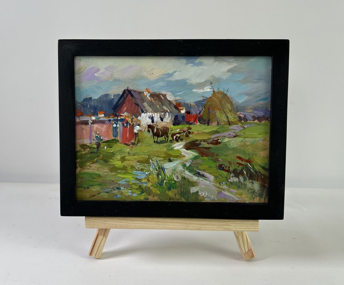Oil painting Horses by the hay Yuriy Suprunchuk: NoAAA5296The oil painting on Cardboard titled "Horses by the Hay" presents a captivating pastoral scene brimming with life, movement, and the unhurried rhythm of rural existence. With vibrant colors