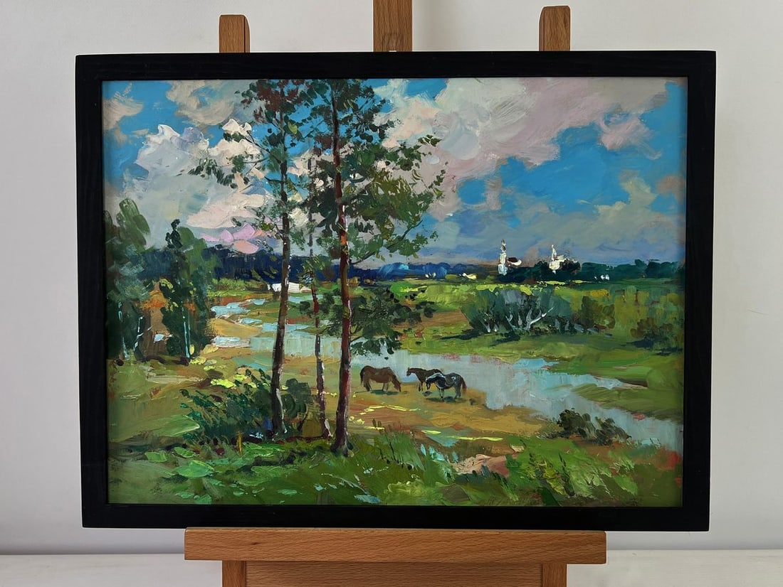 Oil painting Horses by the river Yuriy Suprunchuk: NoAAA5482The Oil painting on Cardboard titled "Horses by the River" captures a tranquil yet vivid pastoral scene, where the beauty of nature and the calm rhythm of rural life meet in a symphony of col