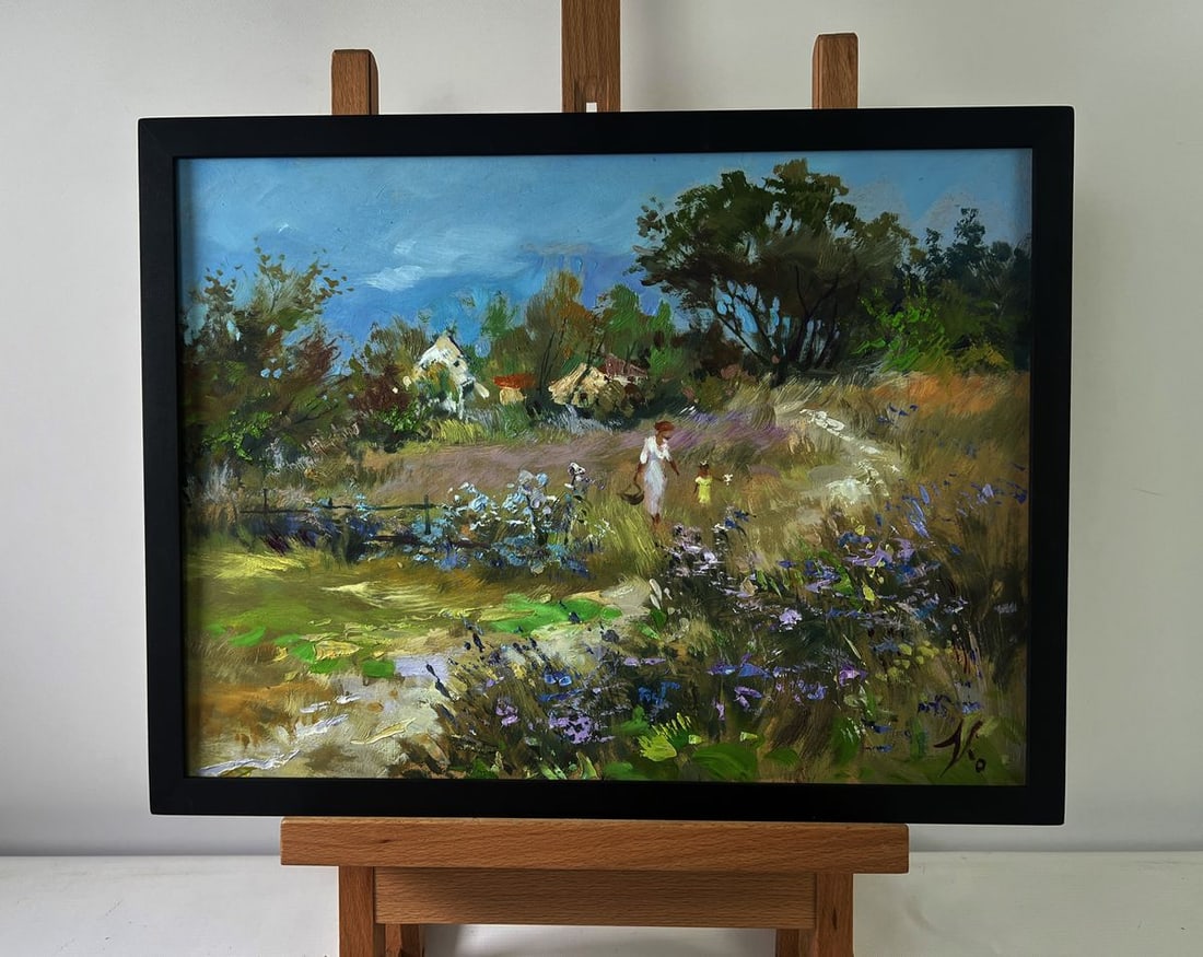 Oil painting Joyful walks through the field Yuriy Suprunchuk: NoAAA5487The Oil painting on Cardboard titled "Joyful walks through the field" is a heartfelt portrayal of tenderness, connection, and the timeless beauty of everyday moments. With expressive