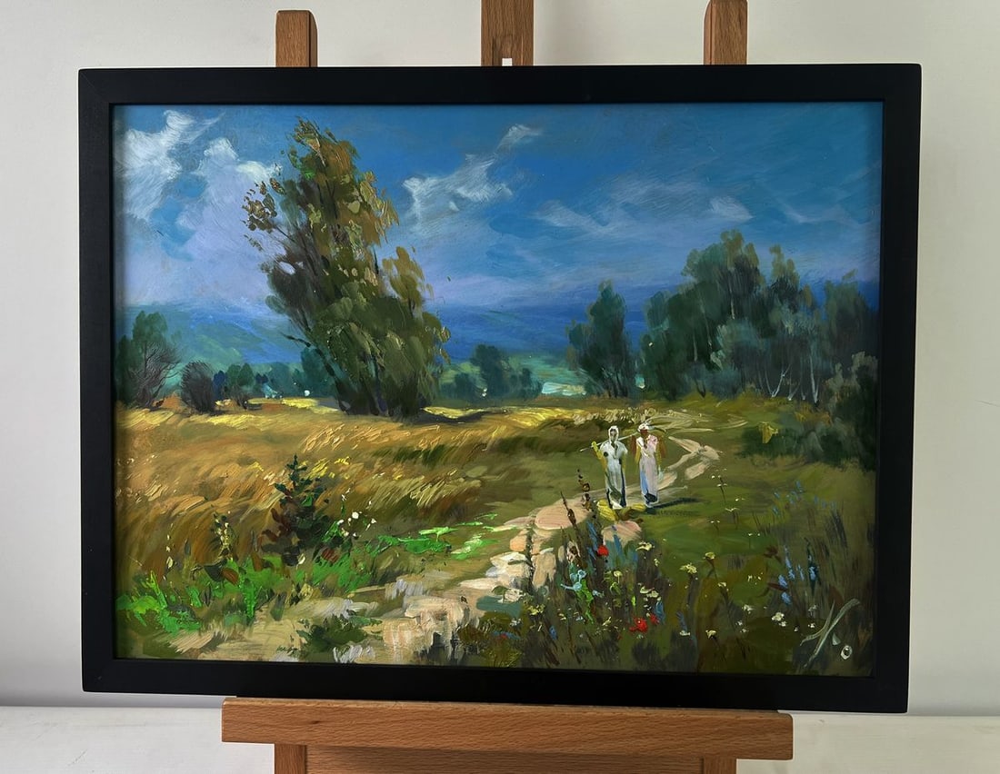 Oil painting A light breeze on a flower field Yuriy Suprunchuk: NoAAA5490The Oil painting on Cardboard titled "A light breeze on a flower field" captures a breathtaking panorama of the countryside, where vast open fields meet an expansive sky, creating a compositi