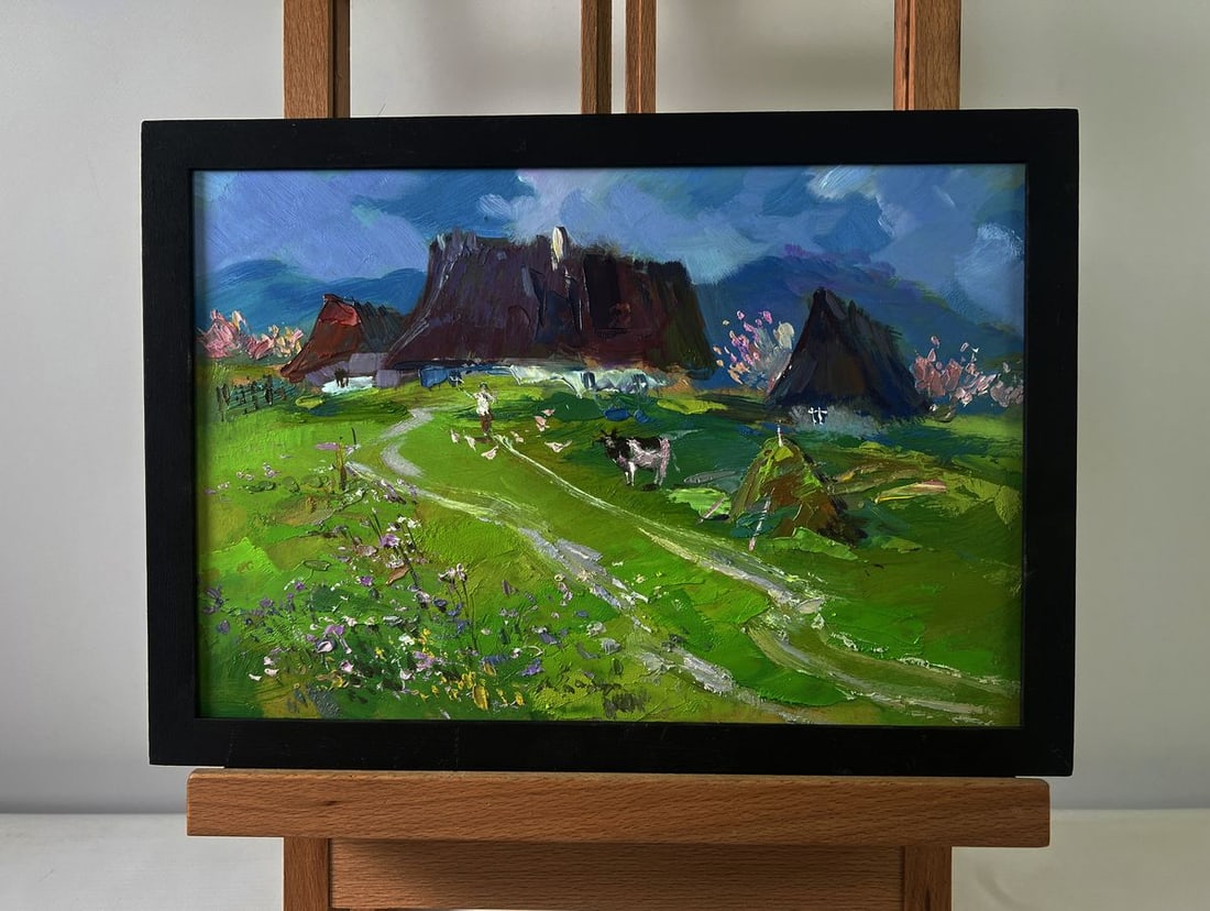 Oil painting Quiet village on a green hill Yuriy Suprunchuk: NoAAA5497The Oil painting on Cardboard titled "Quiet village on a green hill" portrays an idyllic rural scene, where nature and human life coexist in harmony. The artist captures the essence of a simp