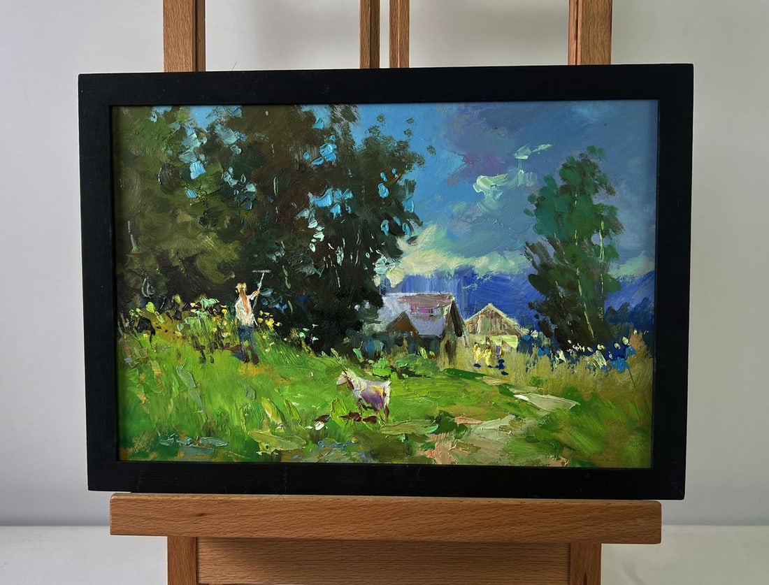 Oil painting The village beyond the forest Yuriy Suprunchuk: NoAAA5500The Oil painting on Cardboard titled "The village beyond the forest" captures the essence of rustic village life, weaving together the simplicity of nature and the warmth of rural tradition. 
