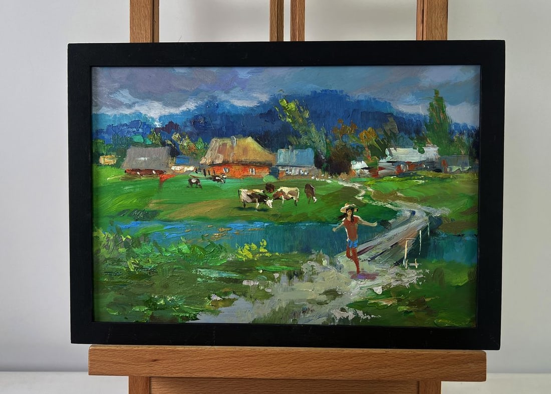 Oil painting Cows grazing peacefully by the river Yuriy Suprunchuk: NoAAA5505The Oil painting on Cardboard titled "Cows grazing peacefully by the river" beautifully encapsulates a timeless rural scene, where the simplicity of pastoral life unfolds against the backdrop