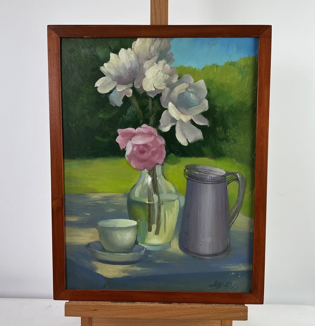 Oil painting Tea and flowers Mykhailo Burdylo: NoAAA5039The oil painting on hardboard titled "Tea and Flowers" radiates serenity, elegance, and the simple joy of a peaceful moment captured in time. The composition evokes a sense of calm and apprec