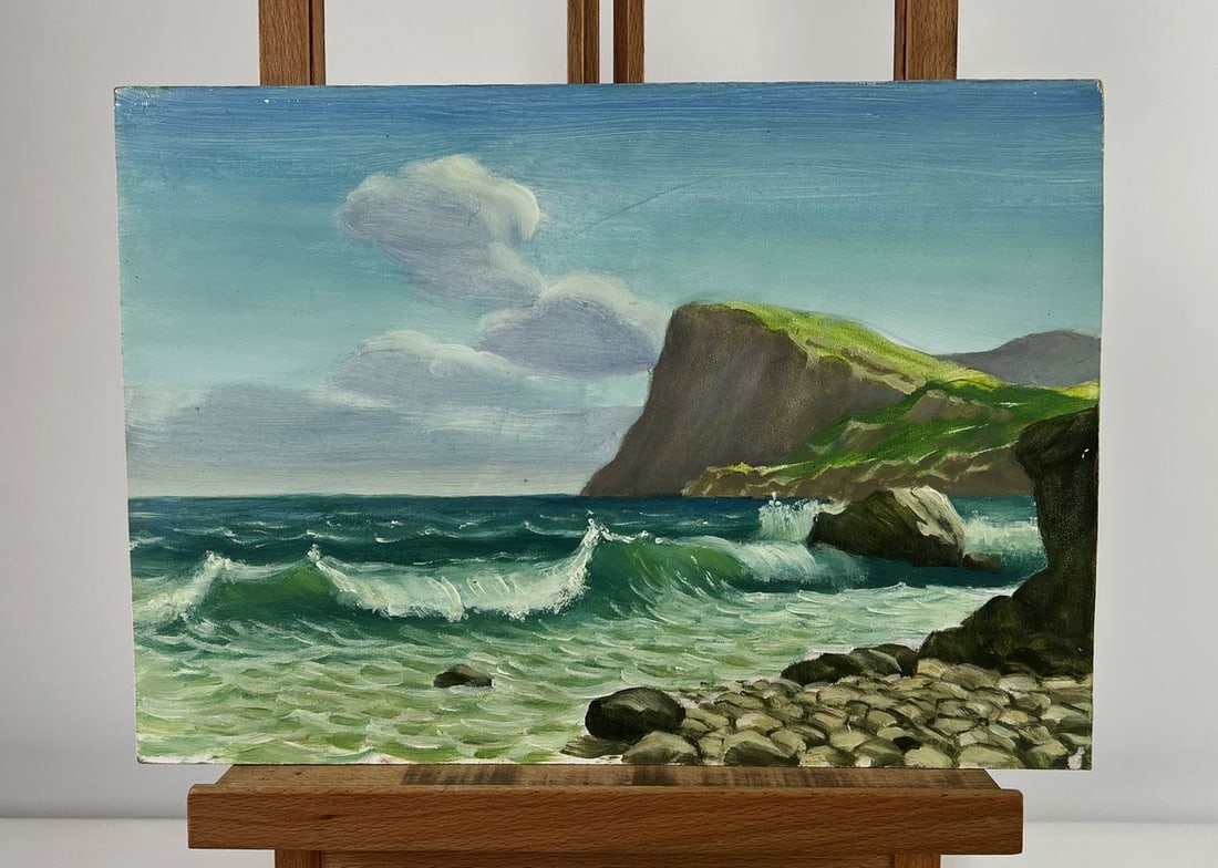 Oil painting Sea waves on the shore Mykhailo Burdylo: NoAAA5040The oil painting on cardboard titled "Sea Waves on the Shore" is a vivid celebration of the ocean's restless beauty and the meeting of land and sea. Through masterful brushwork and a