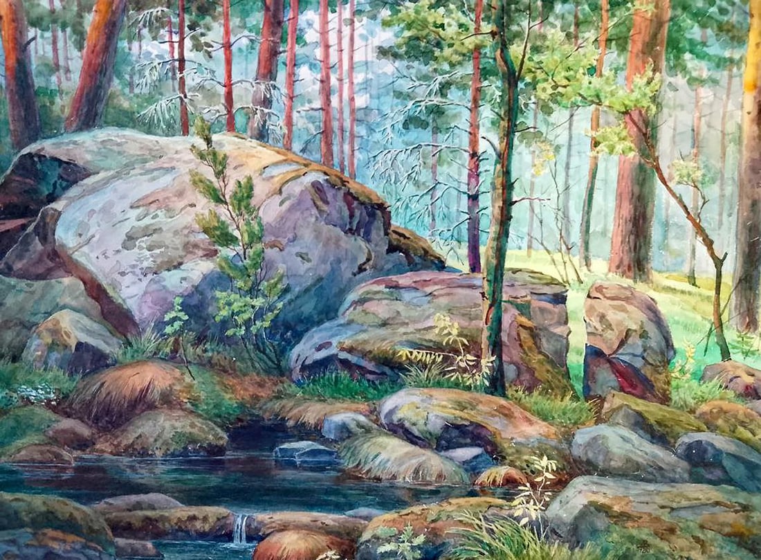 Watercolor painting In a forest fairy tale Vitaly Duhnevich: NoDuhn 60"In a Forest Fairy Tale" by Vitaly Duhnevich invites the viewer into an enchanted woodland, where ancient stones, whispering pines, and a gentle stream create a scene full of quiet magic.