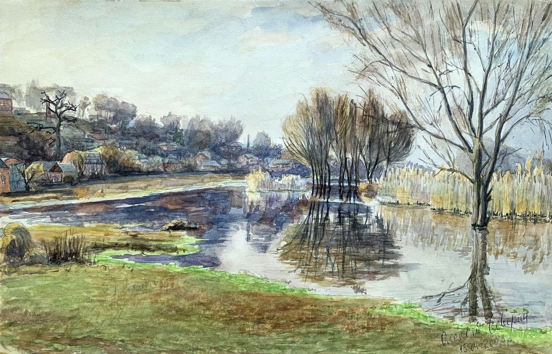Watercolor painting Near the river Severin Alexey Alexandrovich: No1391*** ABOUT THIS PAINTING **** TITLE: "Near the river"* ARTISTS: Severin Alexey Alexandrovich* SIZE: 22x35 cm/'8.66x13.77 inches'* MEDIUM: watercolor, paper* HAND PAINTED: Original painting from o