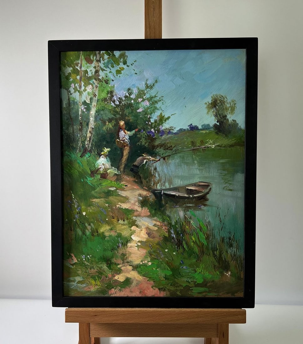 Oil painting Fishermen on the shore Yuriy Suprunchuk: NoAAA5686The Oil painting Cardboard titled "Fishermen on the shore" immerses the viewer in a quiet, idyllic moment of rural life, where the stillness of nature and the rhythm of human presence coexist
