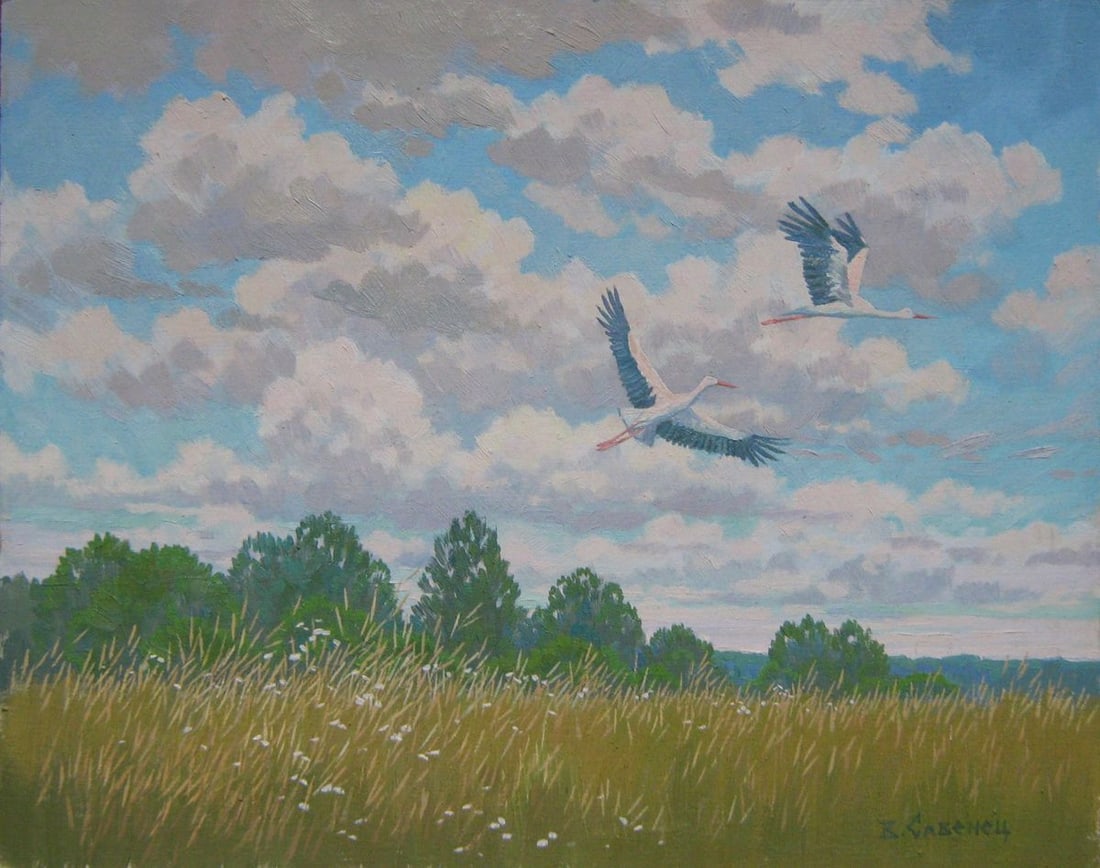 Oil painting Storks Valery Savenets: NoSav 94The painting "Storks" by Valery Savenets beautifully depicts a serene rural landscape under a vast sky with two storks soaring gracefully through the air. The golden grass field, speckled