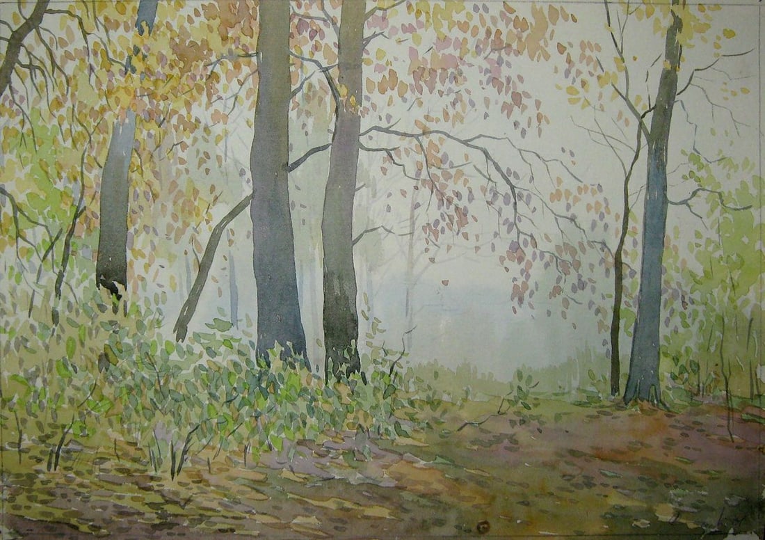 Watercolor painting Foggy forest Valery Savenets: NoSav 187In "Foggy Forest" by the Ukrainian artist Savenets Valery, the artist beautifully captures the quiet, serene ambiance of a forest enveloped in a soft fog. The muted colors of the trees and