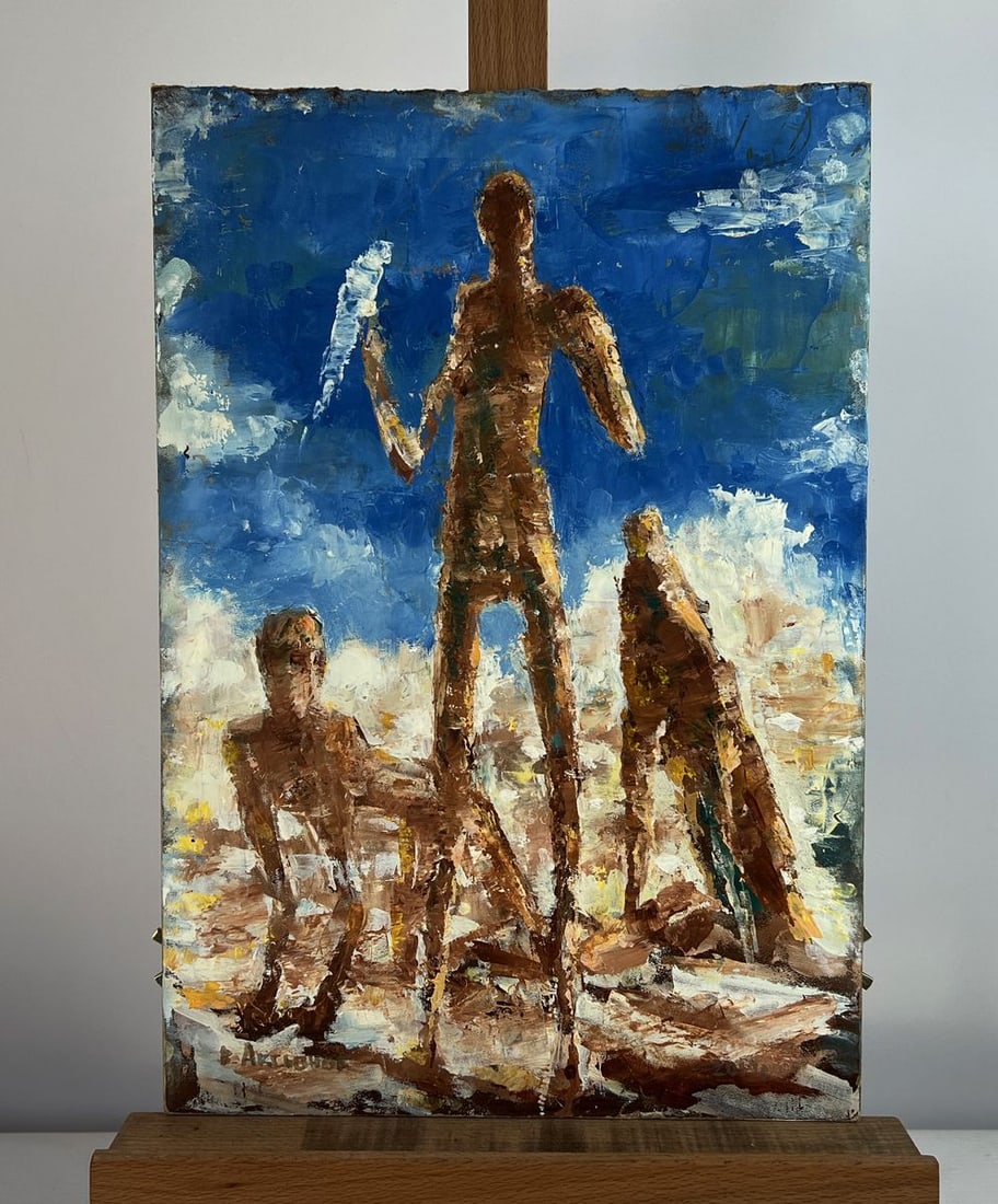 Oil painting Forward to accomplishing feats Vadim Aksenov: NoAAA5008The oil painting on cardboard titled "Forward to accomplishing feats" captures a moment of heroic aspiration through an abstract yet powerfully symbolic lens. In this textured composition,