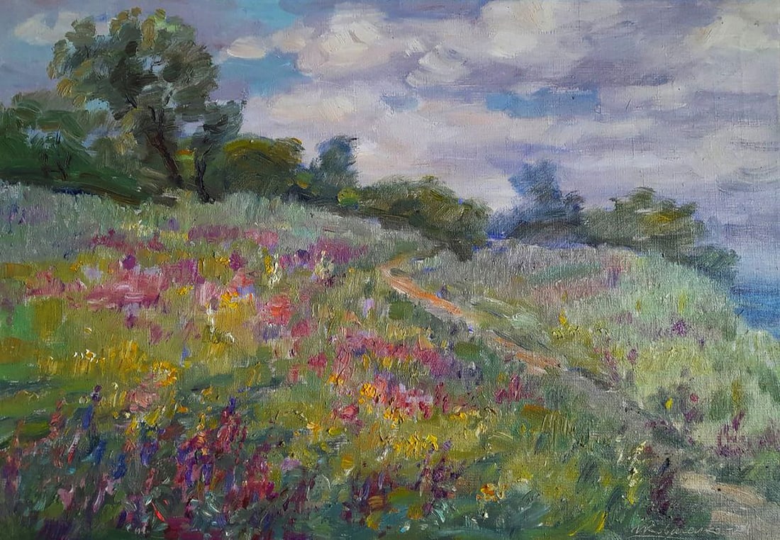 Oil painting Path through a flower field Ivan Kovalenko: NoKoval 235The oil painting on canvas titled "Path through a Flower Field" gently guides the viewer into a serene and dreamlike landscape, where nature unfolds in soft color harmonies and subtle movem