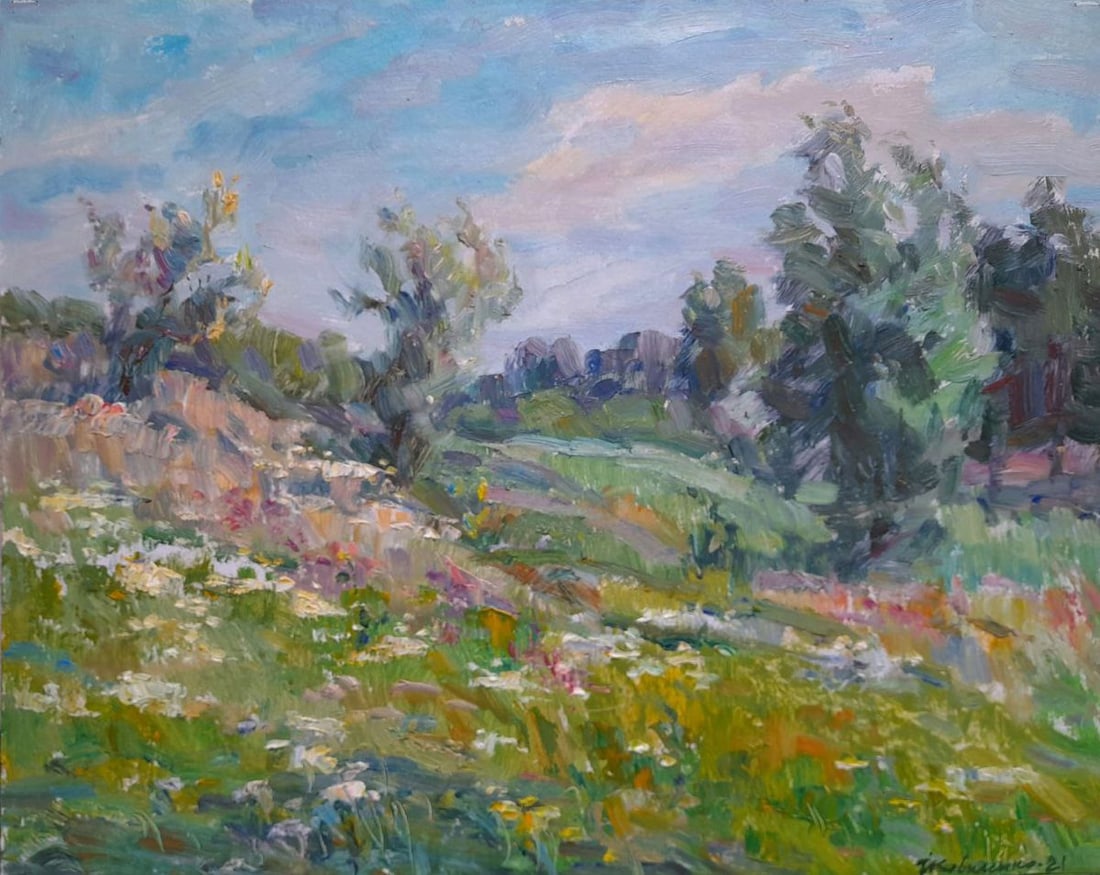 Oil painting Flower fields Ivan Kovalenko: NoKoval 239The Oil painting on Cardboard titled "Flower Field" radiates a sense of freedom, harmony, and connection to nature, immersing the viewer in the untouched beauty of a summer meadow. This