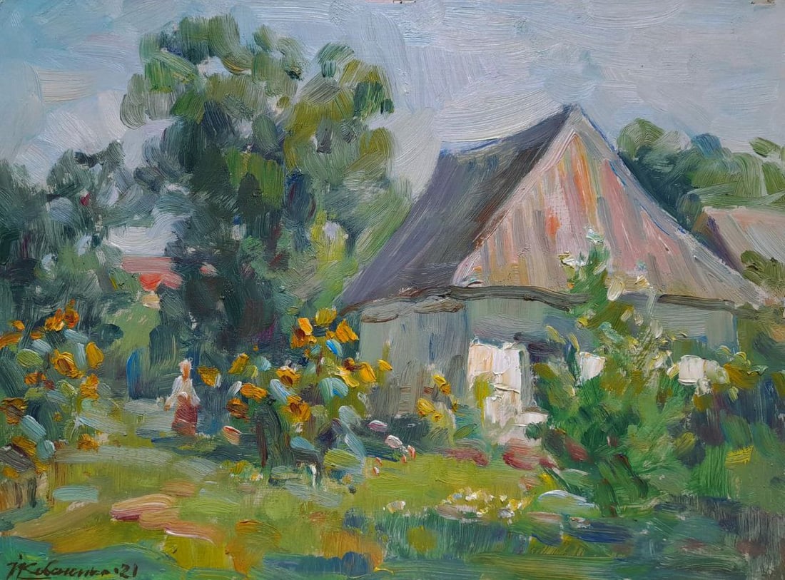 Oil painting The hidden hut Ivan Kovalenko: NoKoval 243The Oil painting on Cardboard titled "The hidden hut" portrays a quiet rural corner where simplicity, nature, and memory merge into a harmonious scene. The central focus is a modest hut, it