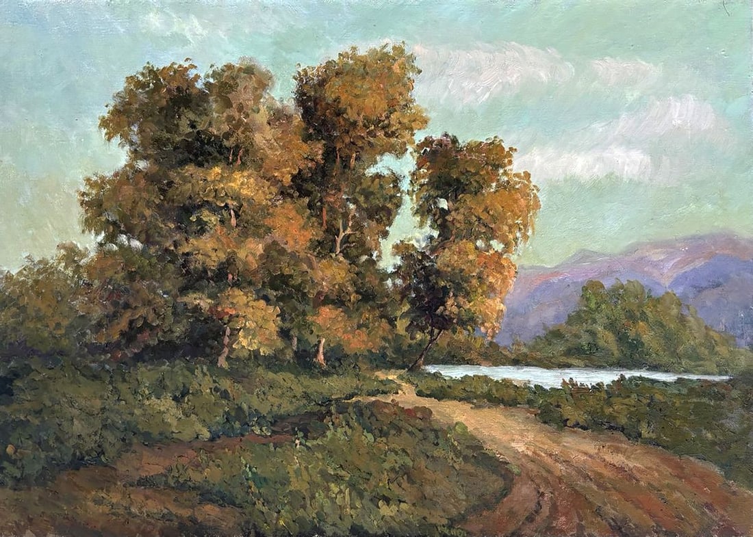 Oil painting Road by the River Ivan Kovalenko: NoKoval 250Oil painting Road by the River Ivan Kovalenko reveals the artist's strong command of classical landscape painting and refined oil technique. This original artwork depicts a quiet riverside 