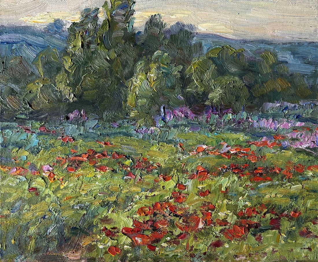 Oil painting Summer poppy meadow Ivan Kovalenko: NoKoval 253Oil painting Summer poppy meadow Ivan Kovalenko is a striking example of expressive landscape painting created with confident mastery and deep understanding of color and texture. The