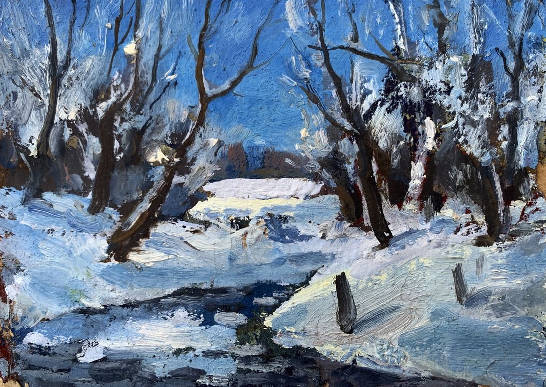 Oil painting In the night winter forest Leonid Maistrenko: NoAAA3557The painting "In the Night Winter Forest" vividly captures the serene and mysterious ambiance of a winter forest illuminated by the soft glow of moonlight. Executed in oil on cardboard, the