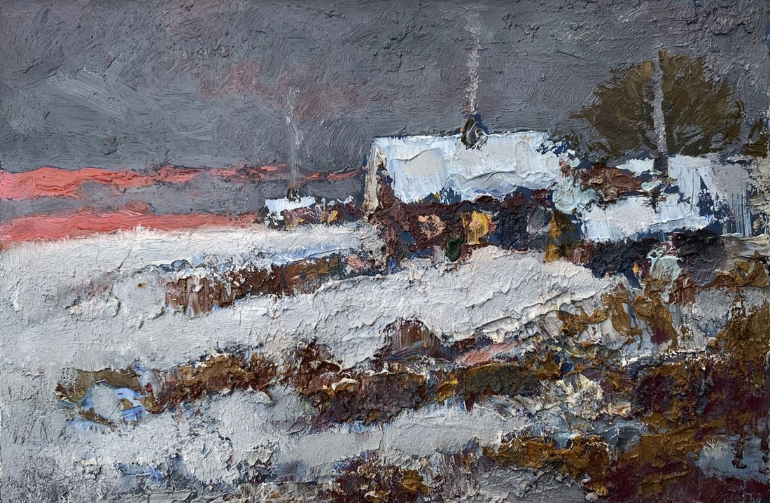 Oil painting Quiet village comfort Leonid Maistrenko: NoAAA3558The painting "Quiet Village Comfort" captures the serene and tranquil essence of a rural winter scene, portraying a snow-covered village nestled under a muted, overcast sky. The artwork, crea