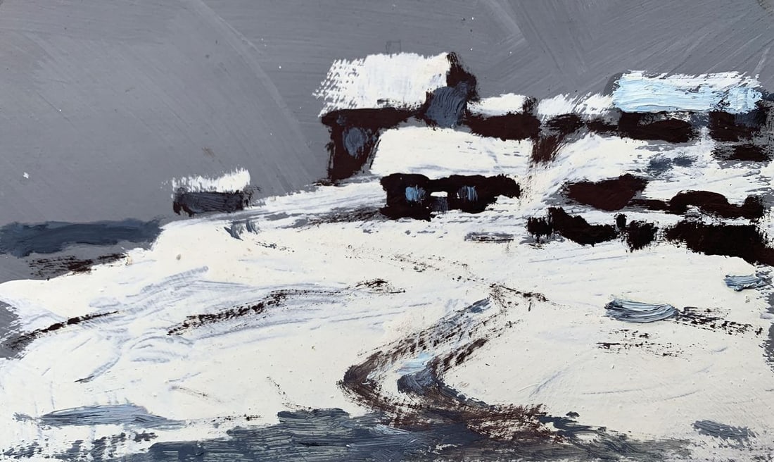 Oil painting After heavy snowfall Leonid Maistrenko: NoAAA3562The painting "After Heavy Snowfall", created with oil on cardboard, portrays the serene and quiet aftermath of a significant winter event. The scene is minimalist yet evocative, with the arti