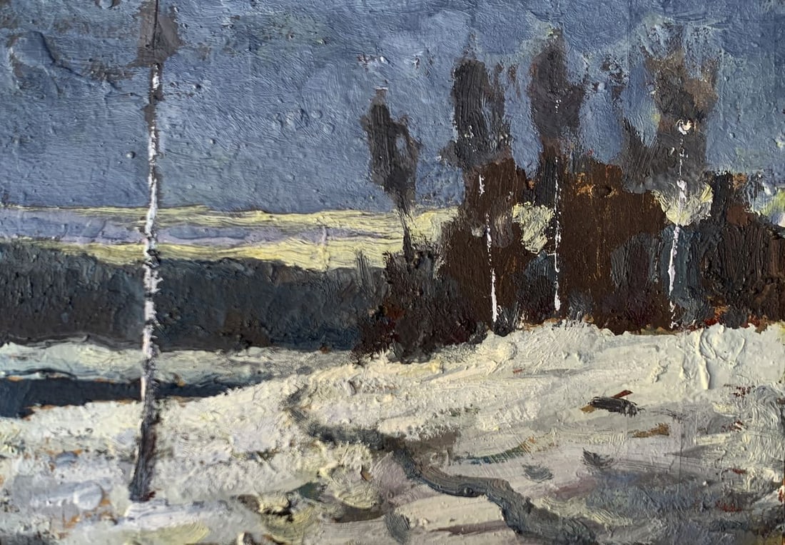 Oil painting Winter evening Leonid Maistrenko: NoAAA3563The painting "Winter Evening", created using oil on cardboard, captures the quiet and introspective atmosphere of a countryside landscape blanketed in snow during the twilight hours. The scen