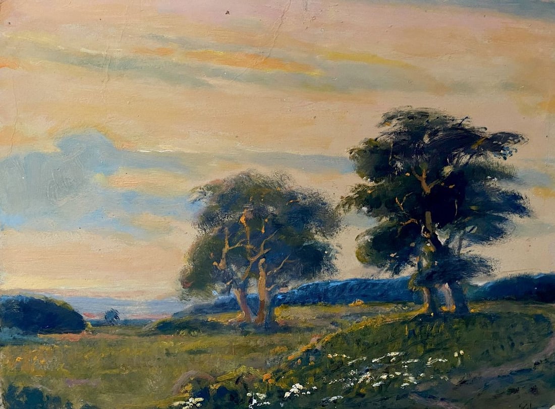 Oil painting Evening in the field Litvinov Oleg Arkad'yevich: NoLitv 276"Evening in the Field" by renowned Ukrainian artist Oleg Litvinov captures a serene and poetic moment at the close of day. In this tranquil landscape, the soft pastel tones of the evening