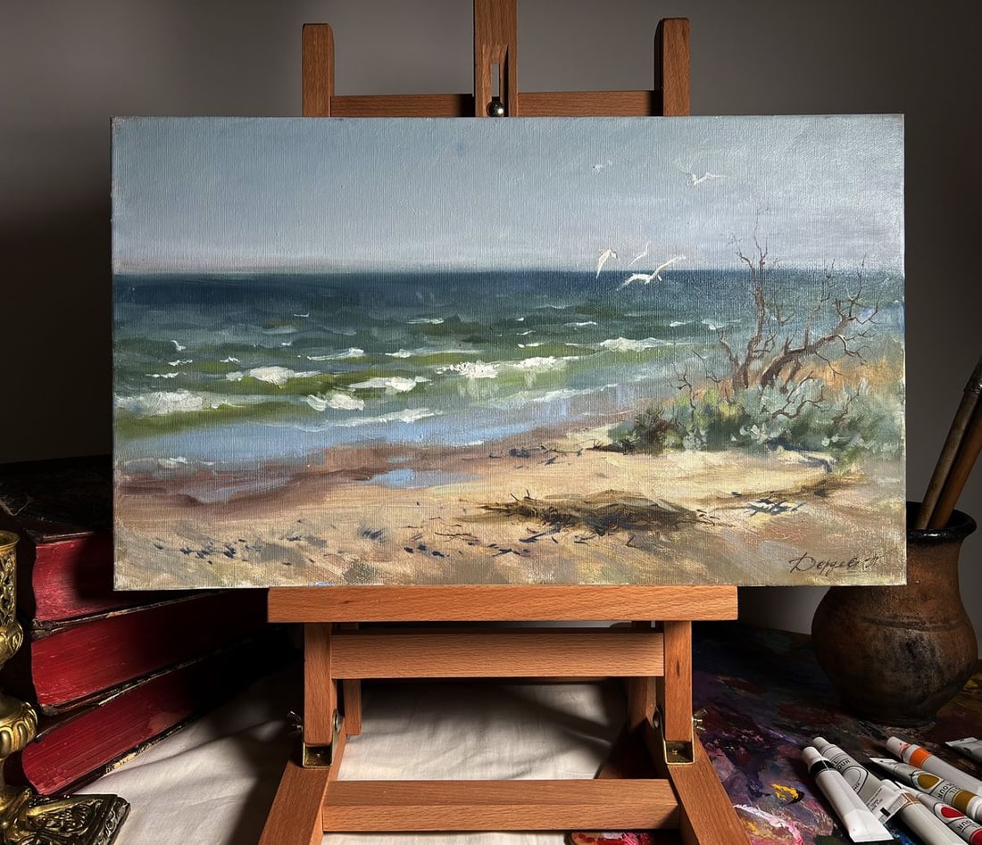 Oil painting Autumn sea breeze Tatyana Derdey: NoAAA3674"Autumn Sea Breeze" is an Oil painting on canvas that masterfully conveys the serene yet slightly melancholic essence of the seaside during the fall season. The artist uses a soft, natural