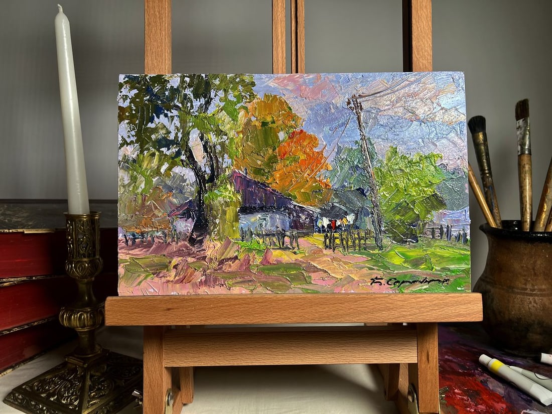 Oil painting September day Boris Serdyuk: NoAAA3679"September Day" is a vibrant Oil painting on cardboard that captures the essence of a rural scene during early autumn. Using thick, expressive brushstrokes in the impasto technique, the