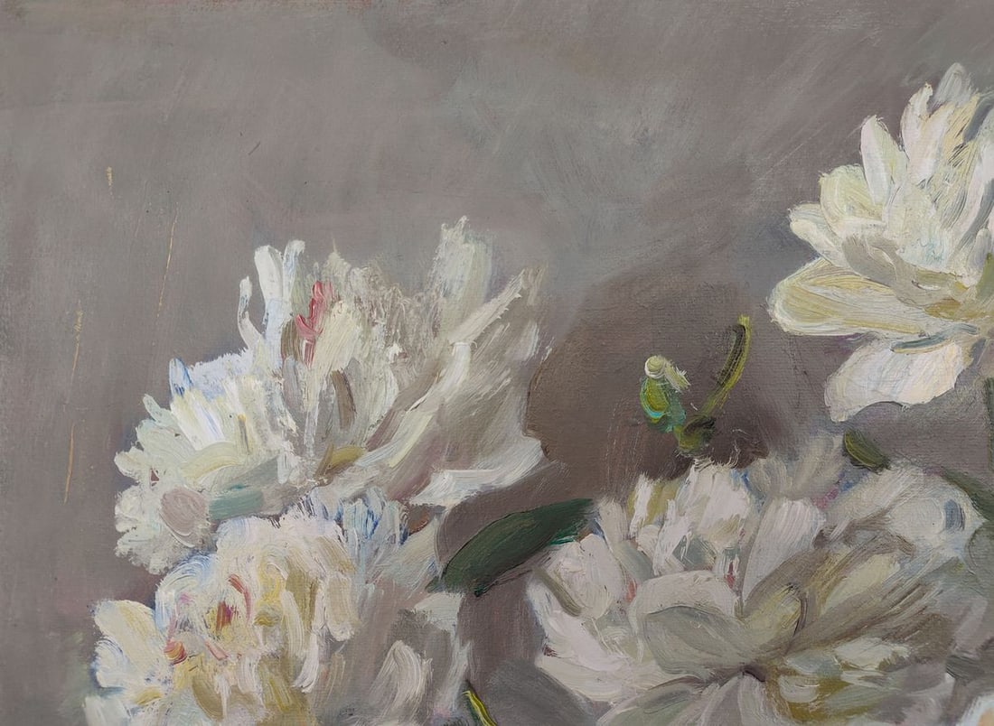 Oil painting White peonies on a silver background Mishurovsky V. V. - 2