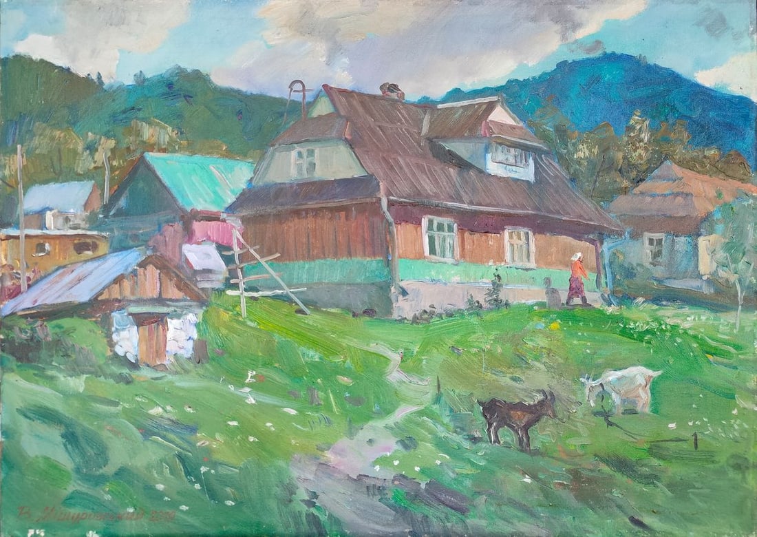 Oil painting Hutsuls Courtyard Mishurovsky V. V.: No9"Hutsuls Courtyard" by Viktor Myshurovsky is a vivid depiction of rural life in the Hutsul region of Ukraine, celebrated for its rich traditions and picturesque landscapes. This painting captures