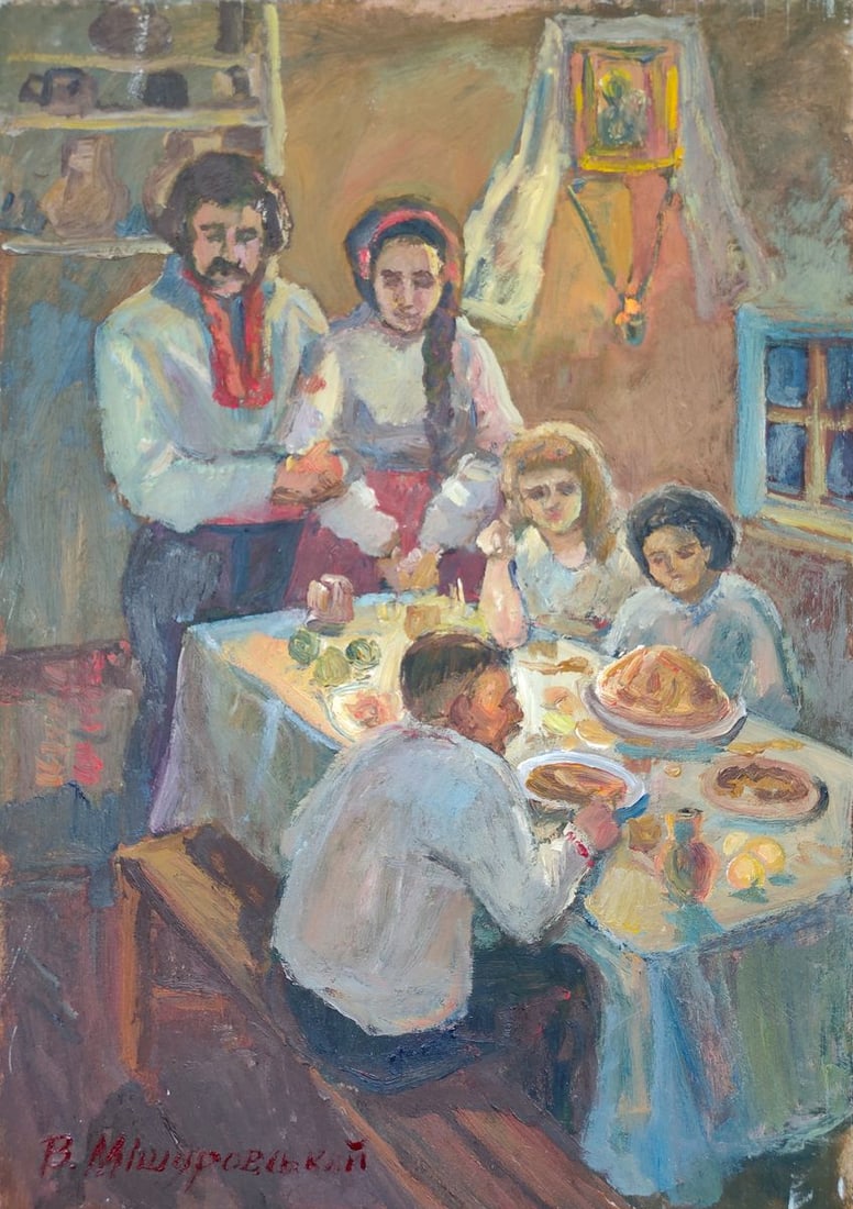 Oil painting Supper Mishurovsky V. V.: No15"Supper" by Viktor Myshurovsky is a vivid depiction of a traditional family meal, portraying a group gathered around a table in what appears to be a cozy, intimate setting. The painting captures a