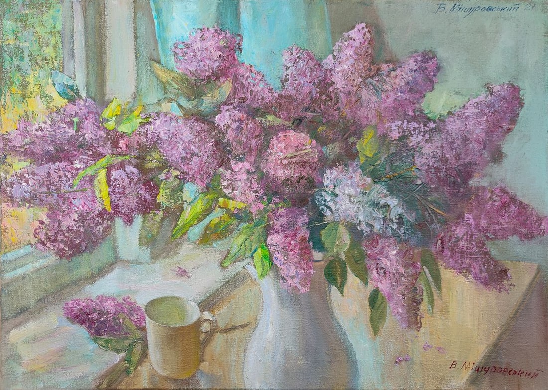Oil painting Lilac Mishurovsky V. V.: No21"Lilac and Cup of Coffee" by Viktor Myshurovsky is a vibrant still life painting that exudes the warmth and tranquility of a quiet morning. The artwork features a lush bouquet of lilacs in full bl