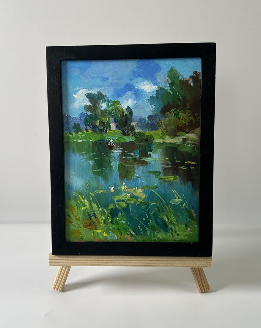 Oil painting Forest river Yuriy Suprunchuk: NoAAA5711The Oil painting Cardboard titled "Forest river" captures the breathtaking tranquility and natural poetry of a hidden waterway meandering through a lush green landscape. The artist's brush br