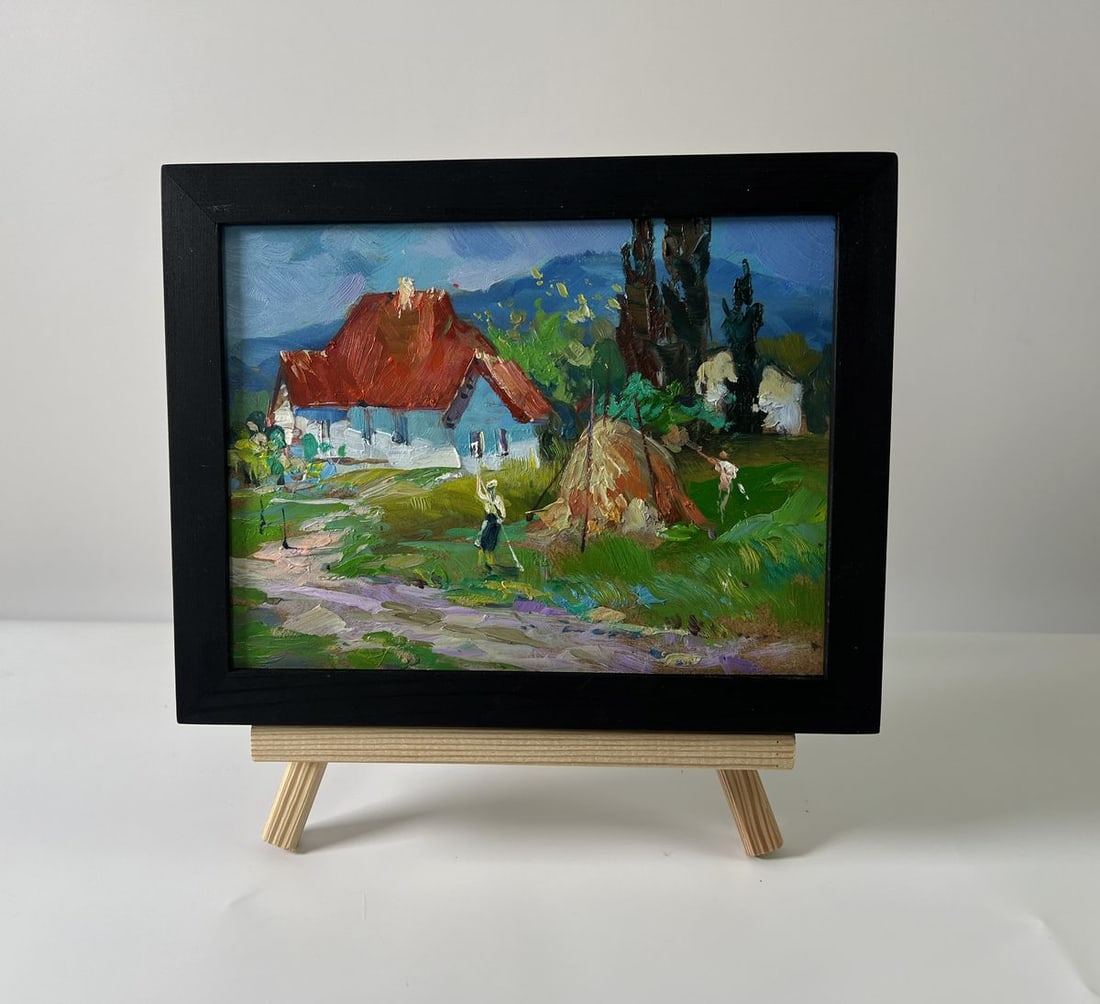 Oil painting A village near the mountains Yuriy Suprunchuk: NoAAA5715The Oil painting Cardboard titled "A village near the mountains" presents a picturesque and tranquil vision of life nestled within the embrace of nature's grandeur. This artwork captures not 