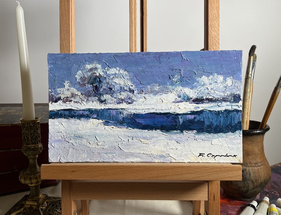 Oil painting Winter crystal Boris Serdyuk: NoAAA3685"Winter Crystal" is an expressive Oil painting on cardboard that beautifully captures the stillness and purity of a frozen landscape. The artist skillfully employs thick, textured brushstroke