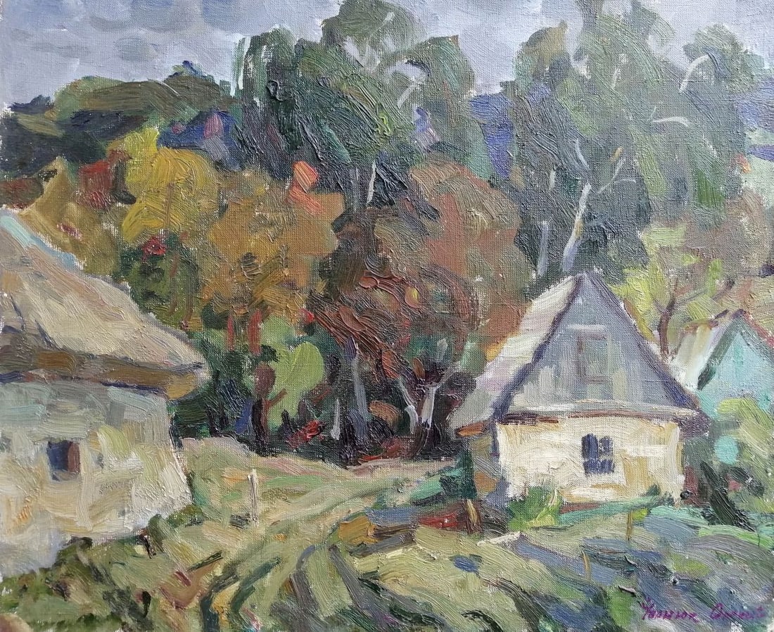 Oil painting Quiet evening Kalenyuk Alex: NoKalen 135This wonderful oil painting called "Quiet Evening" will bring a touch of tranquility and peace to any room it's placed in. The scene depicts typical rural houses with trees behind them, as