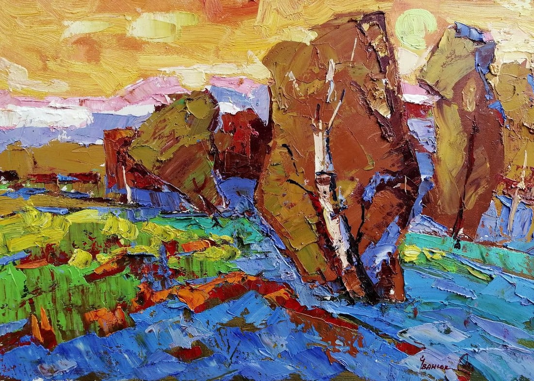Oil painting Evening sunset Kalenyuk Alex: NoKalen 146In this beautiful oil painting, "Evening Sunset", the artist has captured the tranquil moment just as the sun is setting behind the trees. The colors are stunning, and the light is golden. 