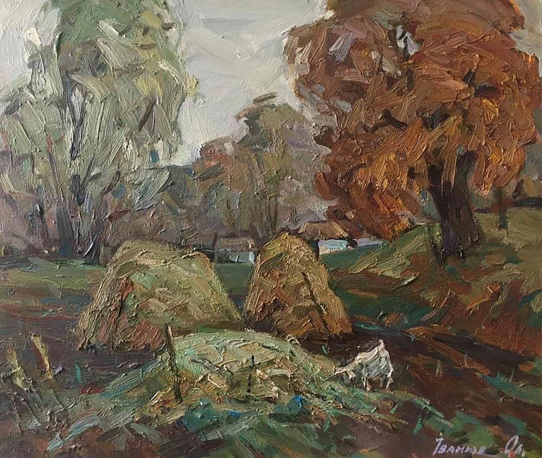 Oil painting Autumn morning Kalenyuk Alex: NoKalen 252"Autumn morning" is an oil painting that captures the beauty of the autumn season. The painting features the outskirts of a village, with a haystack and autumn trees in the background. The