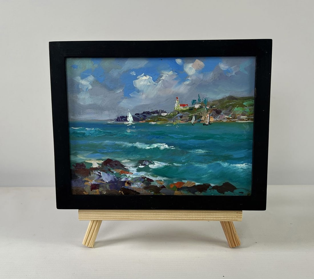 Oil painting Sailboats at sea and rocky shore Yuri Suprunchuk: NoAAA5517The Oil painting on Cardboard titled "Sailboats at sea and rocky shore" presents a vivid marine landscape where the meeting of sky, water, and rugged coastline creates an atmosphere both dyna