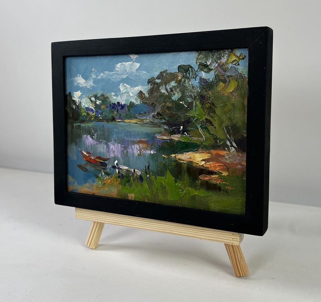 Oil painting River with boats along the shore Yuriy Suprunchuk - 2