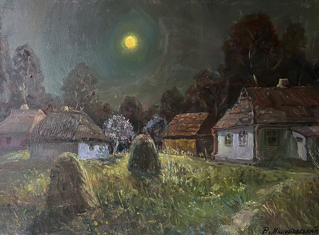 Oil painting Moonlit night V. Mishurovsky: No117"Moonlit Night" by Viktor Myshurovsky presents a serene nocturnal landscape, capturing a village scene under the gentle glow of a full moon. The painting is filled with somber tones of dark green