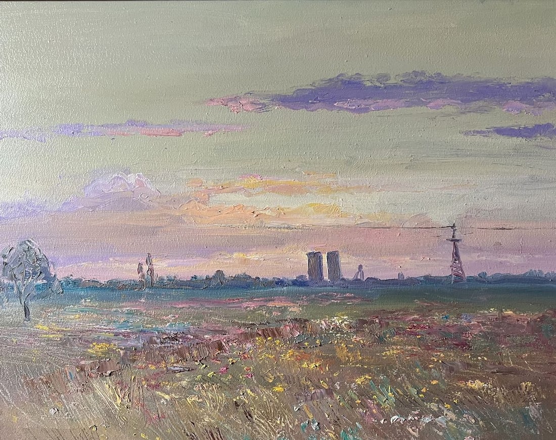 Oil painting Spaces of fields V. Mishurovsky: No119"Spaces of Fields" by Viktor Myshurovsky is a striking landscape painting that captures the vast, open scenery of the Ukrainian countryside. The painting features a wide field under a broad sky,