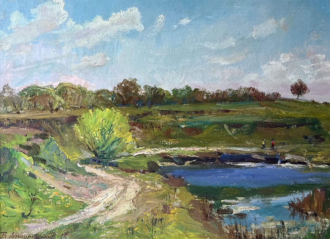 Oil painting Spring fishing V. Mishurovsky: No143"Spring Fishing" by Viktor Myshurovsky is a lively and atmospheric landscape painting that captures the serene beauty of a spring day. The painting showcases a tranquil scene of a countryside,