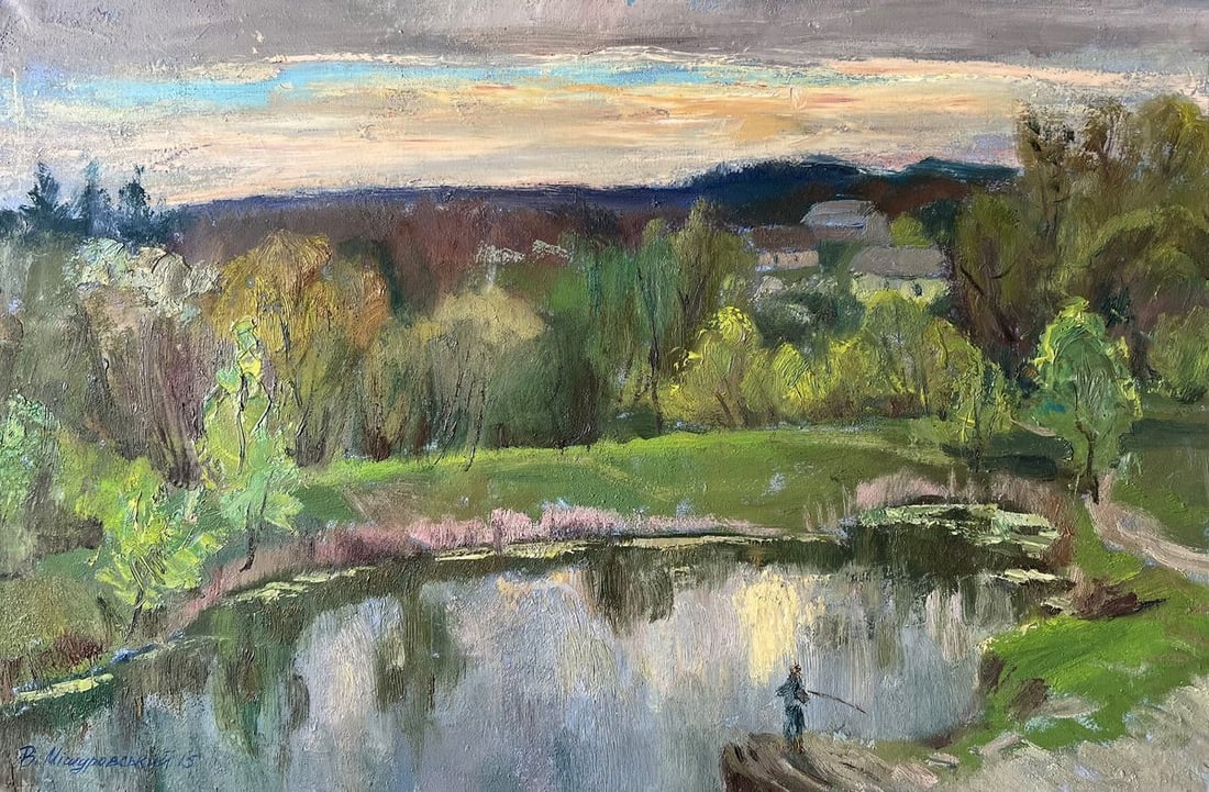 Oil painting May evening V. Mishurovsky: No149"May Evening" by Viktor Myshurovsky captures the serene and tranquil atmosphere of a spring evening. The painting features a lush, verdant landscape with trees in full foliage surrounding a