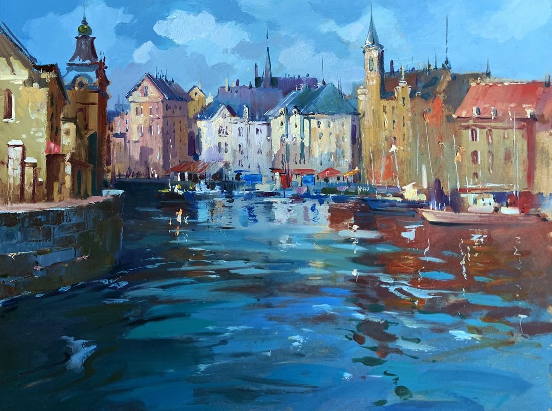Oil painting Like in Venice Yuriy Suprunchuk: NoAAA3615The painting "Like in Venice" portrays a stunning waterfront scene that immerses the viewer in the charm and beauty of a canal city reminiscent of Venice. This oil-on-cardboard artwork vibran