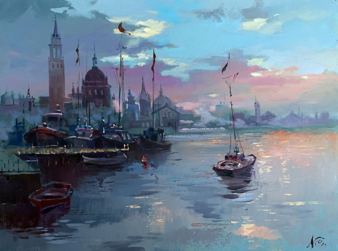 Oil painting Romantic sailing Yuriy Suprunchuk: NoAAA3617The painting "Romantic Sailing" presents a tranquil and enchanting harbor scene at twilight, where the fading light of the day meets the quiet rhythm of the water. Executed in oil on