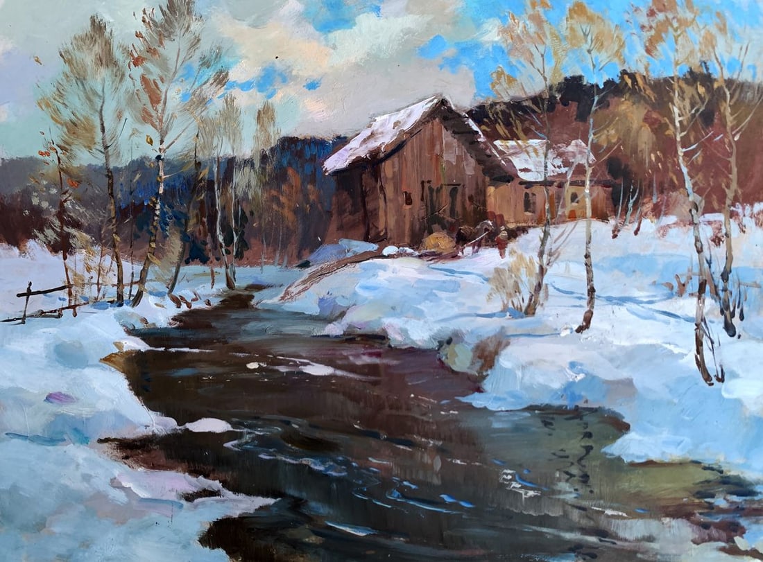 Oil painting After the night snowstorm Yuriy Suprunchuk: NoAAA3621The painting "After the Night Snowstorm" depicts a serene winter landscape, capturing the aftermath of a snowy night in a quiet, rustic setting. Painted in oil on cardboard, the scene immerse