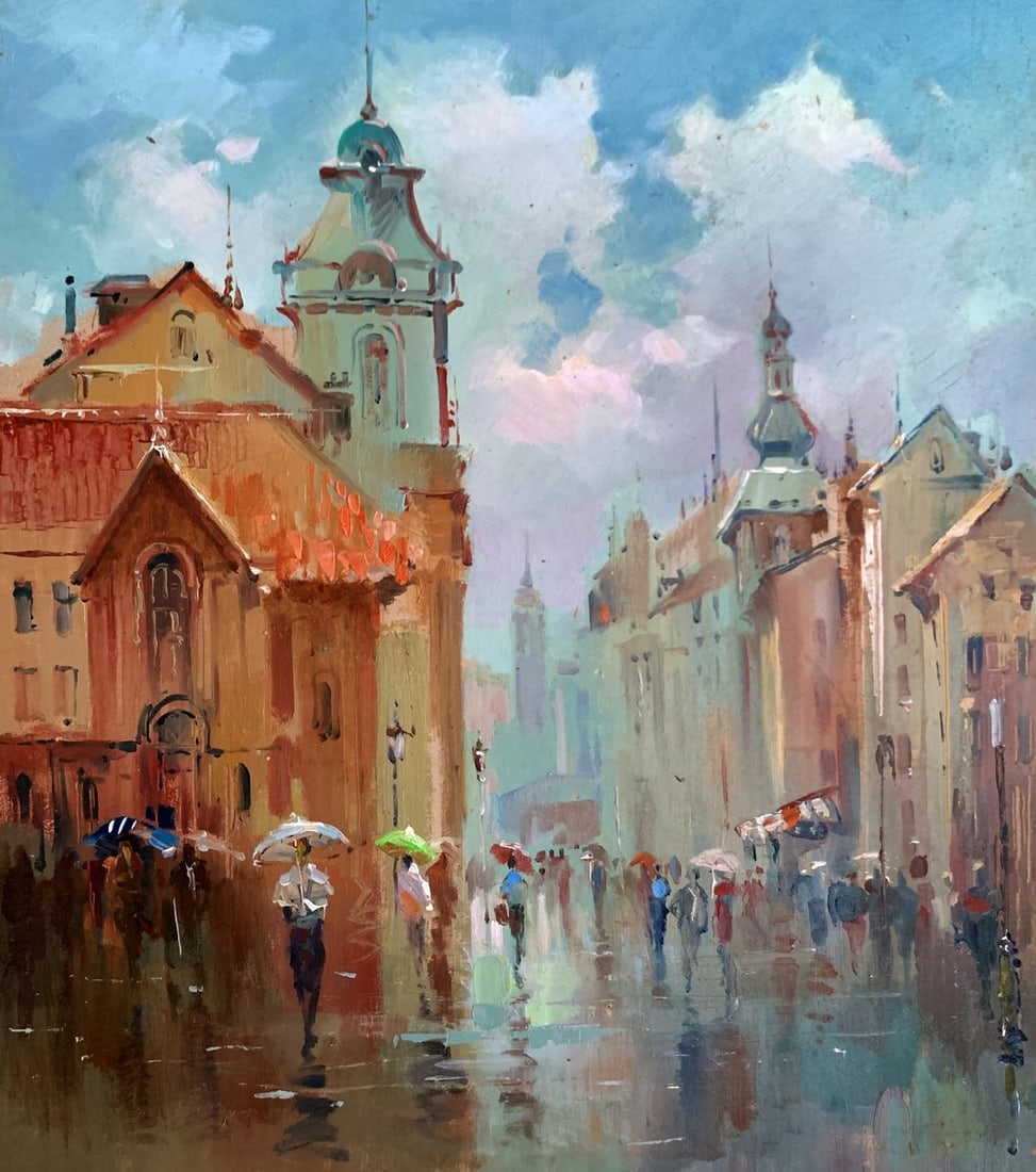 Oil painting Dynamics of urban life Yuriy Suprunchuk: NoAAA3623The painting "Dynamics of Urban Life" vividly portrays a lively and rain-soaked city square, bustling with movement and the interplay of vibrant architecture and human activity. Executed in